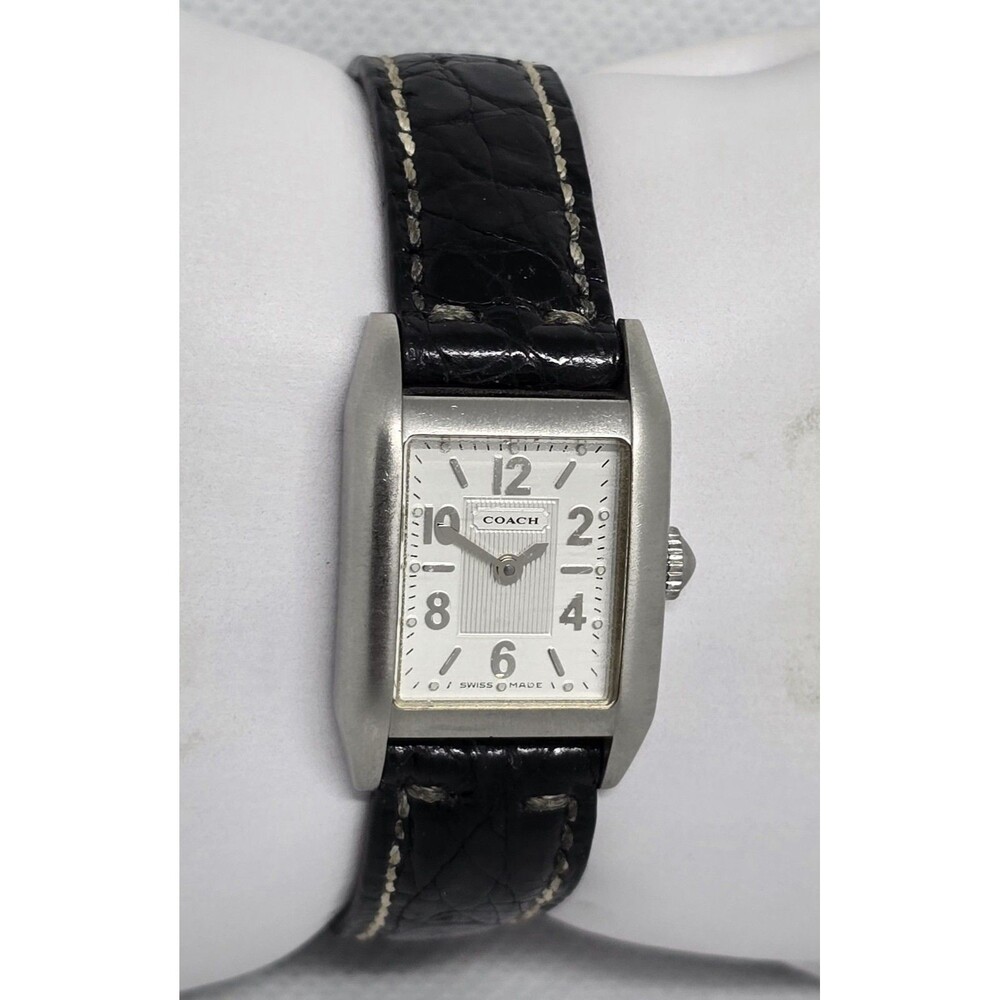 Women's Coach Swiss Made Petite Tank Silver Tone Black Leather Strap Watch 12 - Picture 3 of 9